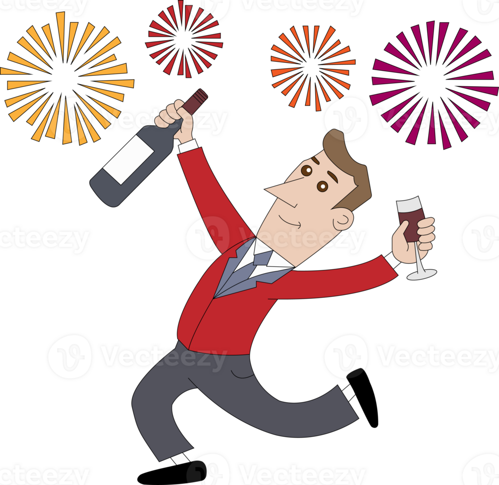 A cartoon man holding a bottle of wine and a glass png