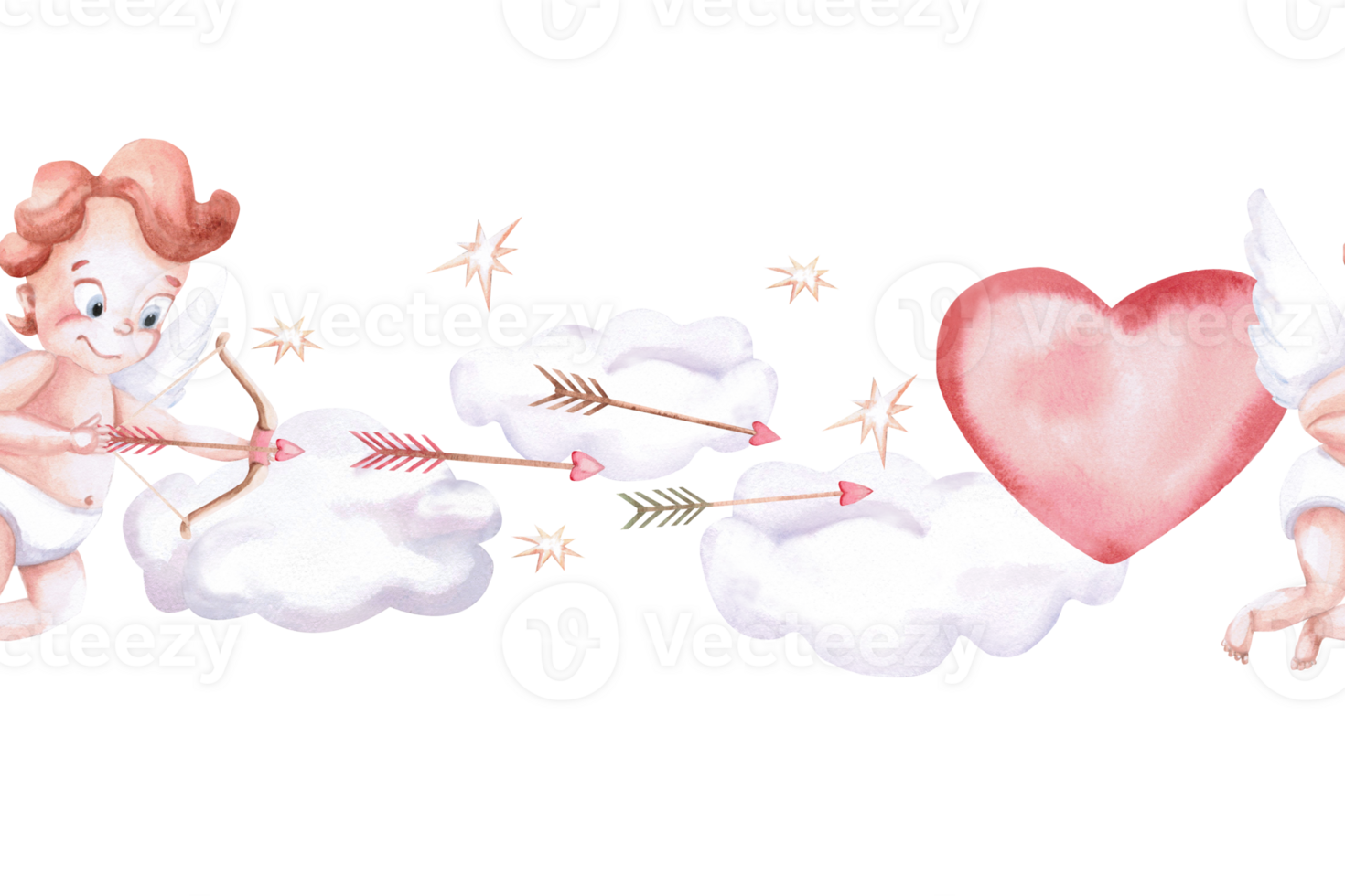Seamless border of cupid shooting heart. Isolated watercolor illustration for design of cards, invitations, Valentine's Day decorations, poster and fabric prints. png