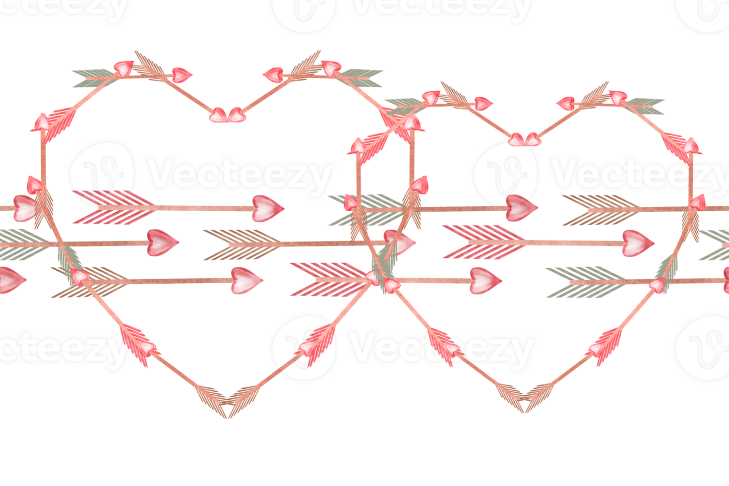 Arrow hearts in seamless border. Isolated watercolor illustration for design of cards, invitations, Valentine's Day decorations, poster and fabric prints. png