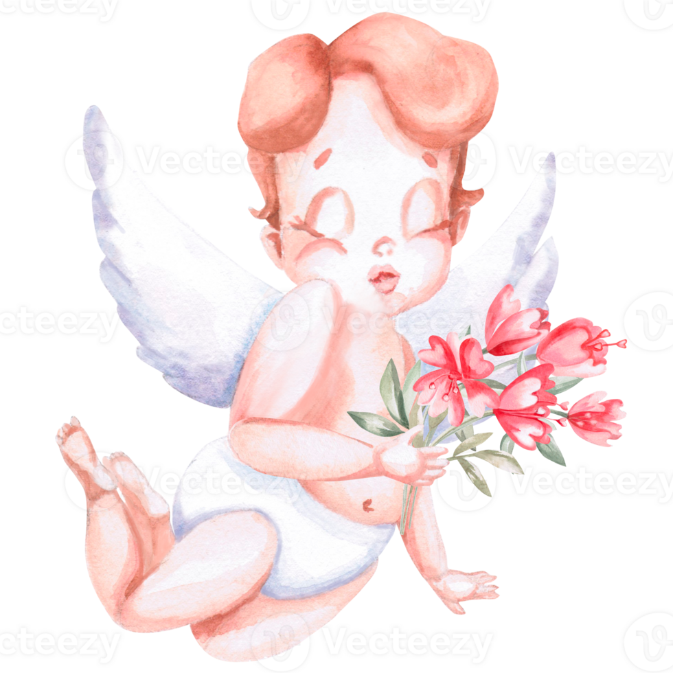 Flying angel with a bouquet of flowers. Isolated watercolor illustration for Valentine's Day gift design, poster printing, clothing, fabric, children's room decoration. png