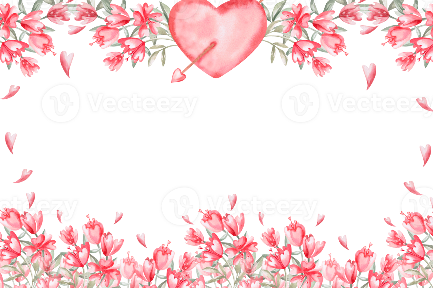Rectangular frame with heart and flowers. Isolated watercolor illustration for design of cards, invitations, Valentine's Day decorations, poster and fabric printing. png