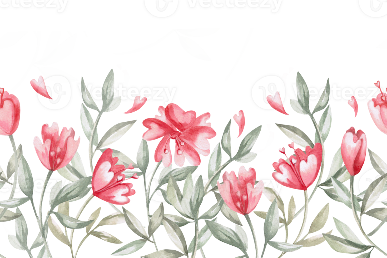 Cartoon meadow flowers in seamless border. Isolated watercolor illustration for design of cards, invitations, Valentine's Day decorations, poster and fabric prints. png