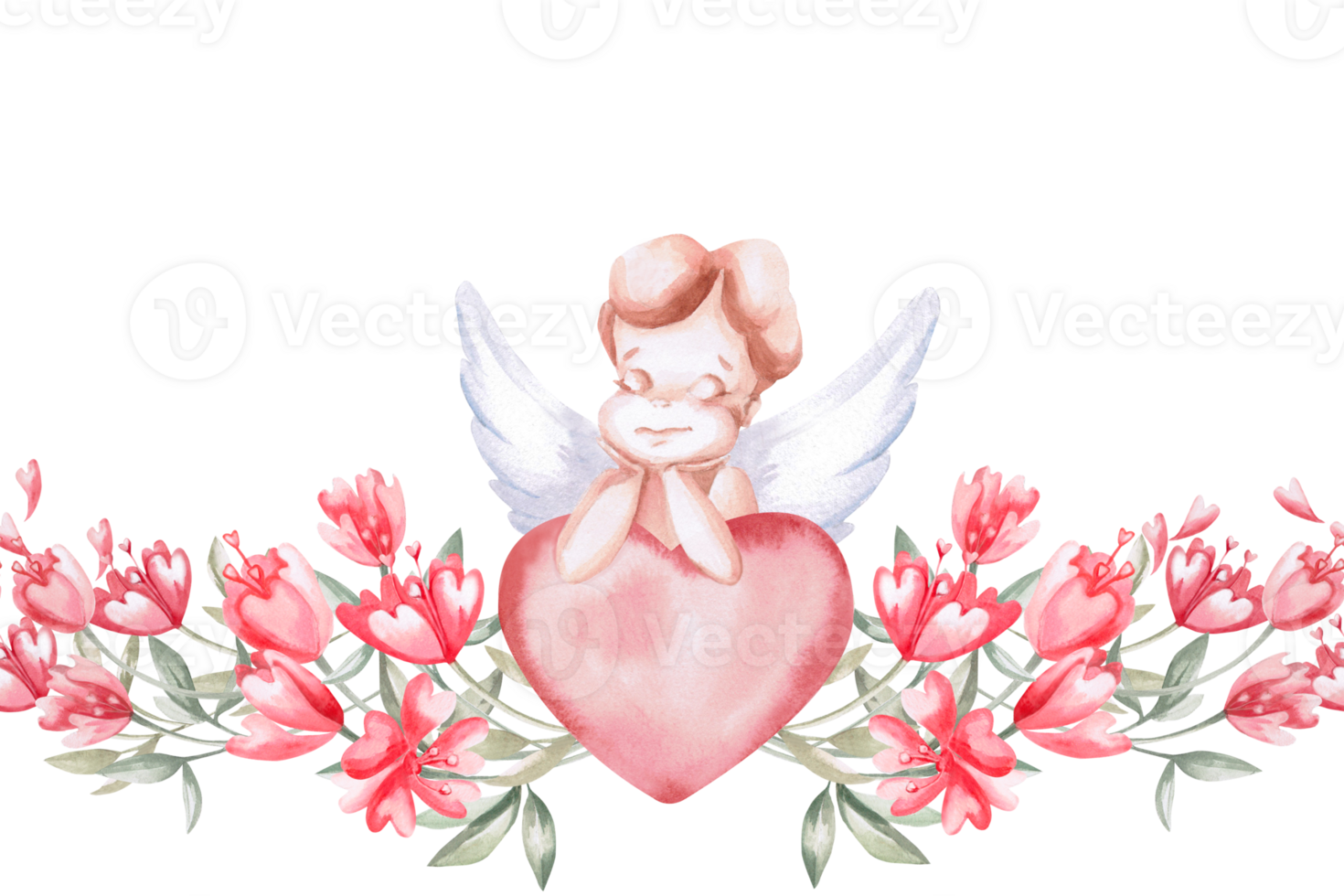 Seamless border angel with heart and flowers. Isolated watercolor illustration for design of cards, invitations, decoration of children's rooms, printing on posters and fabric. png