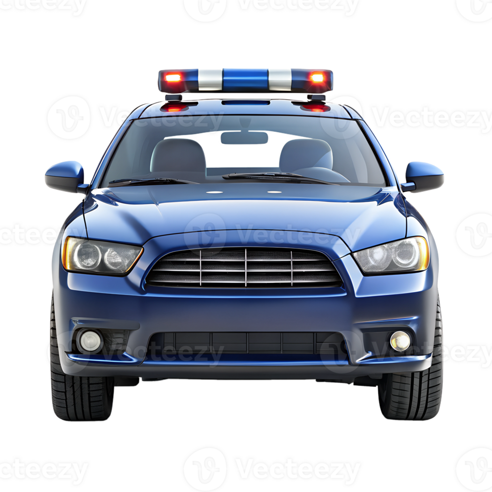 Matte blue police Car from Front View, isolated on a transparent background png