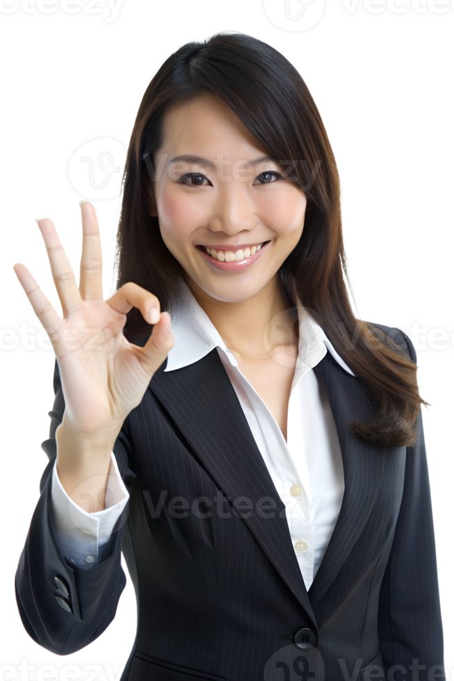 beautiful asian businesswoman with okay hand sign isolated on a transparent background png