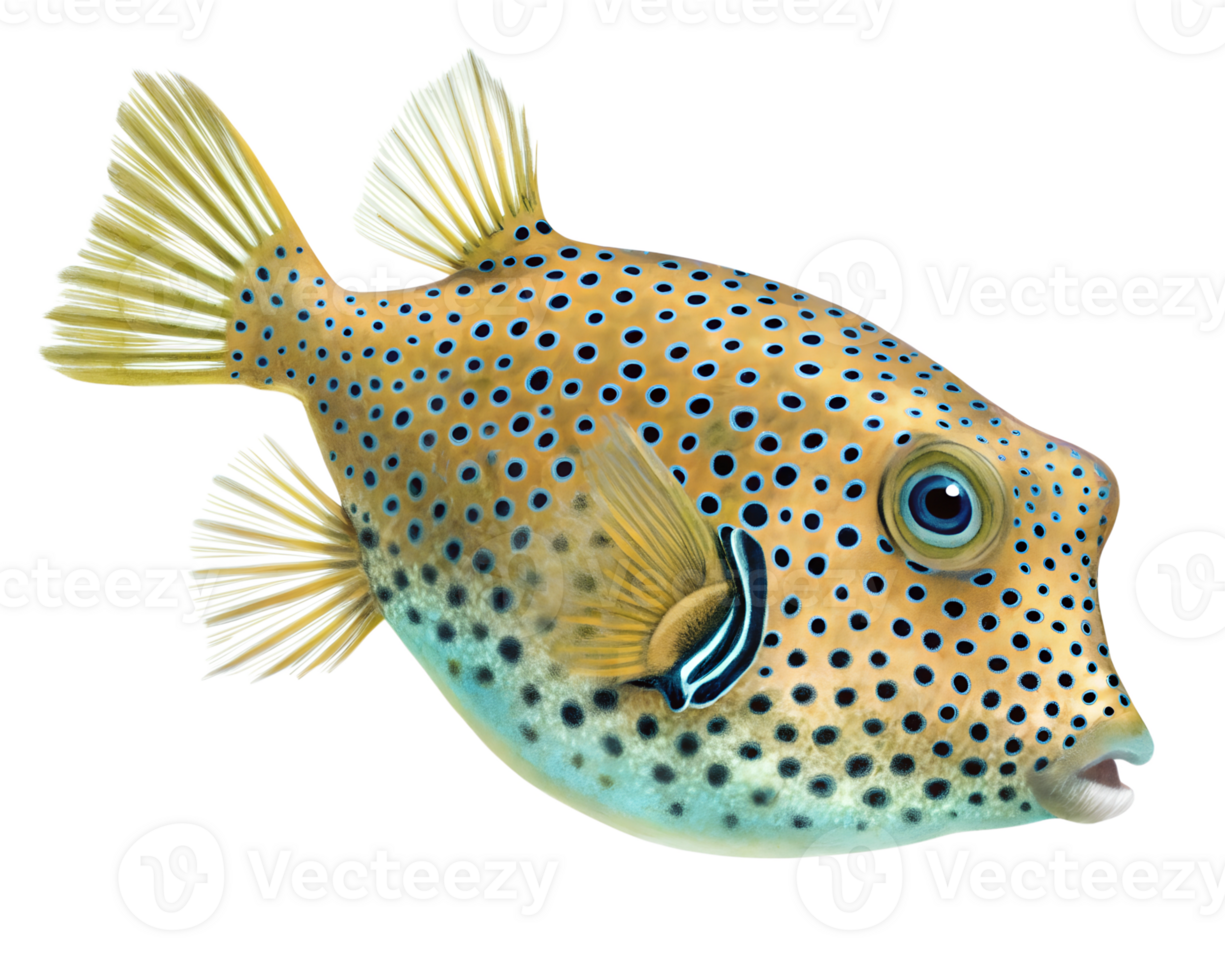Illustration of A cube-shaped spotted boxfish with polka dots and small, fluttering fins. isolated on a transparent background png