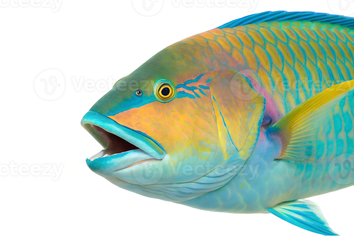 A brightly colored parrotfish with a beak-like mouth. isolated on a transparent background png