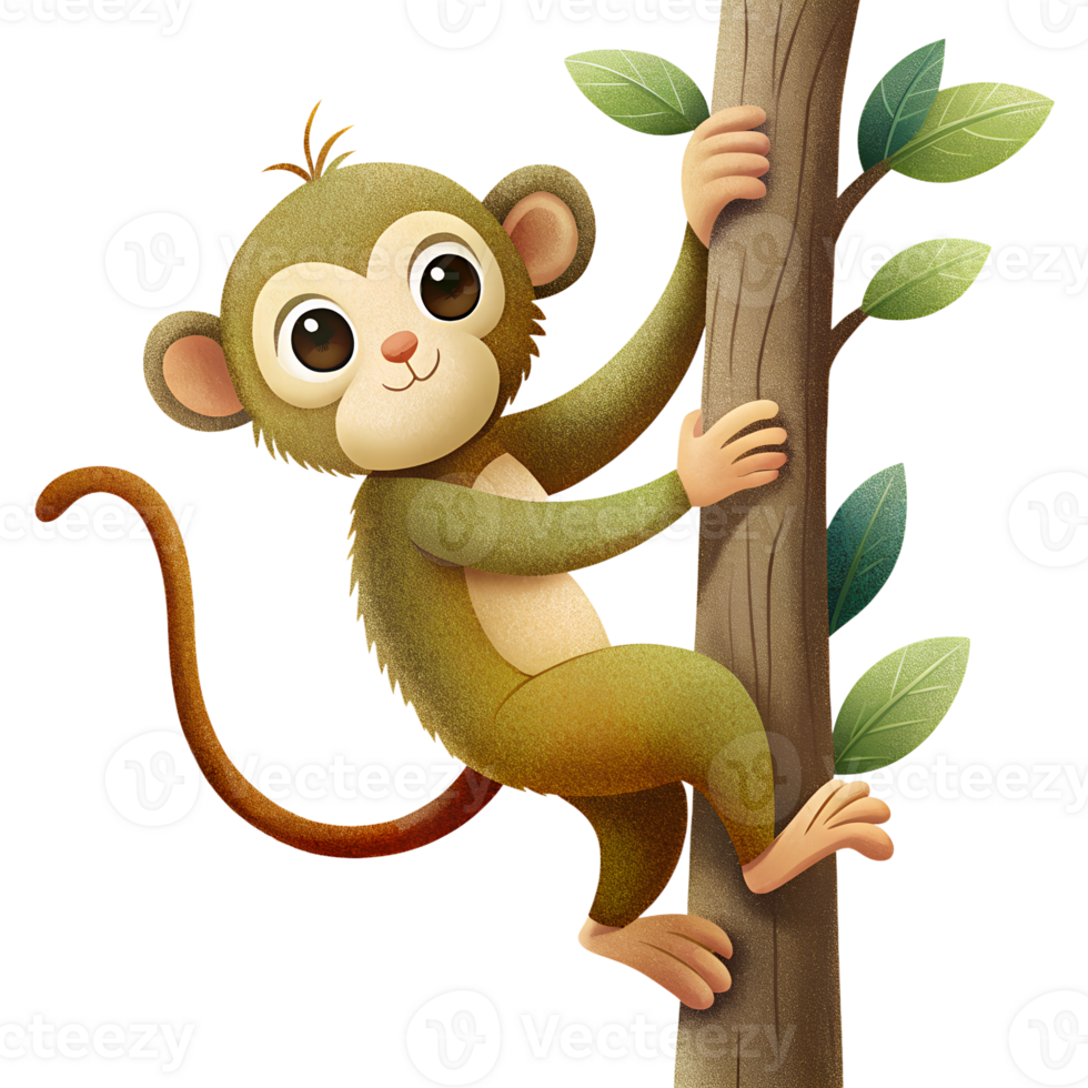 Illustration style cartoon, monkey clinging to a tree isolated on a transparent background png