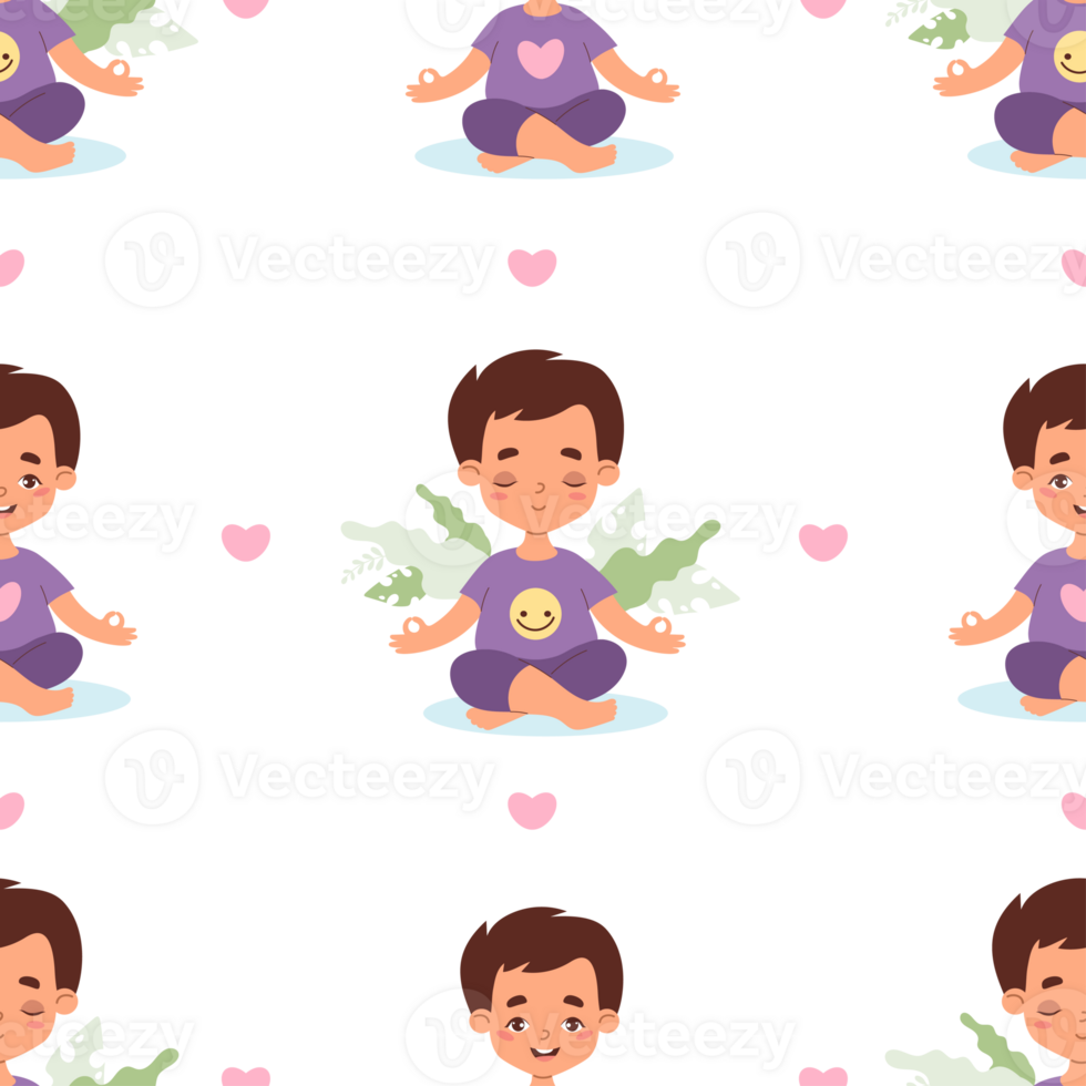 Seamless pattern yoga kids. Cute boy child meditating in lotus pose png