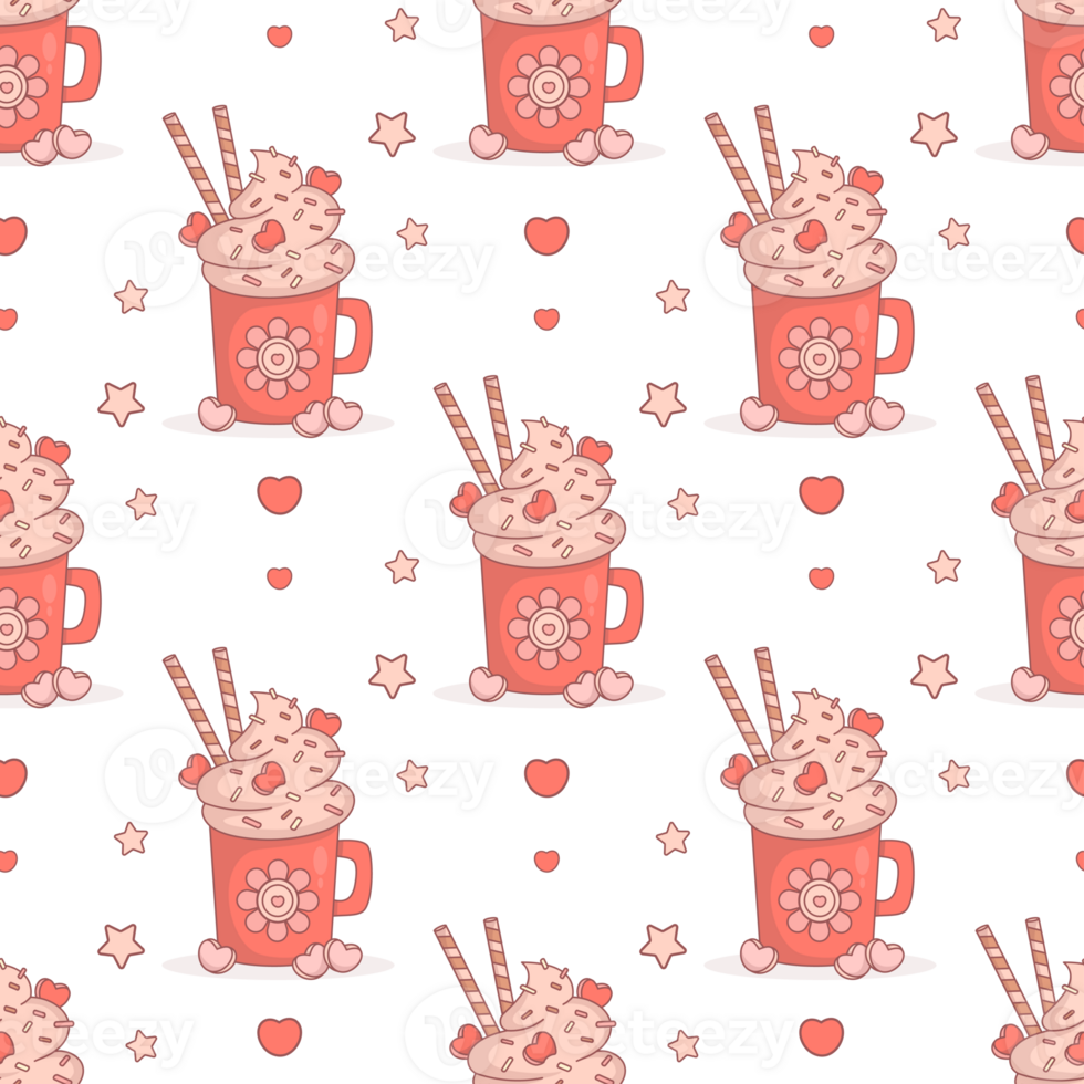 Seamless pattern with Festive cup with Hot Cocoa with Marshmallows hearts png