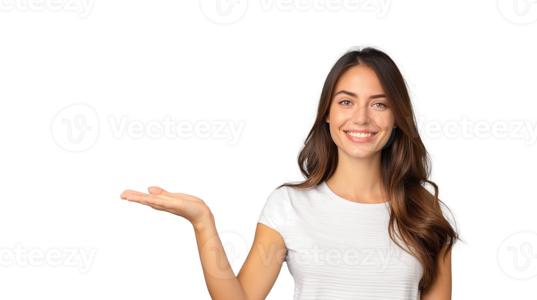 girl presenting product, pretty girl holding invisible product on hand isolated on transparent background png
