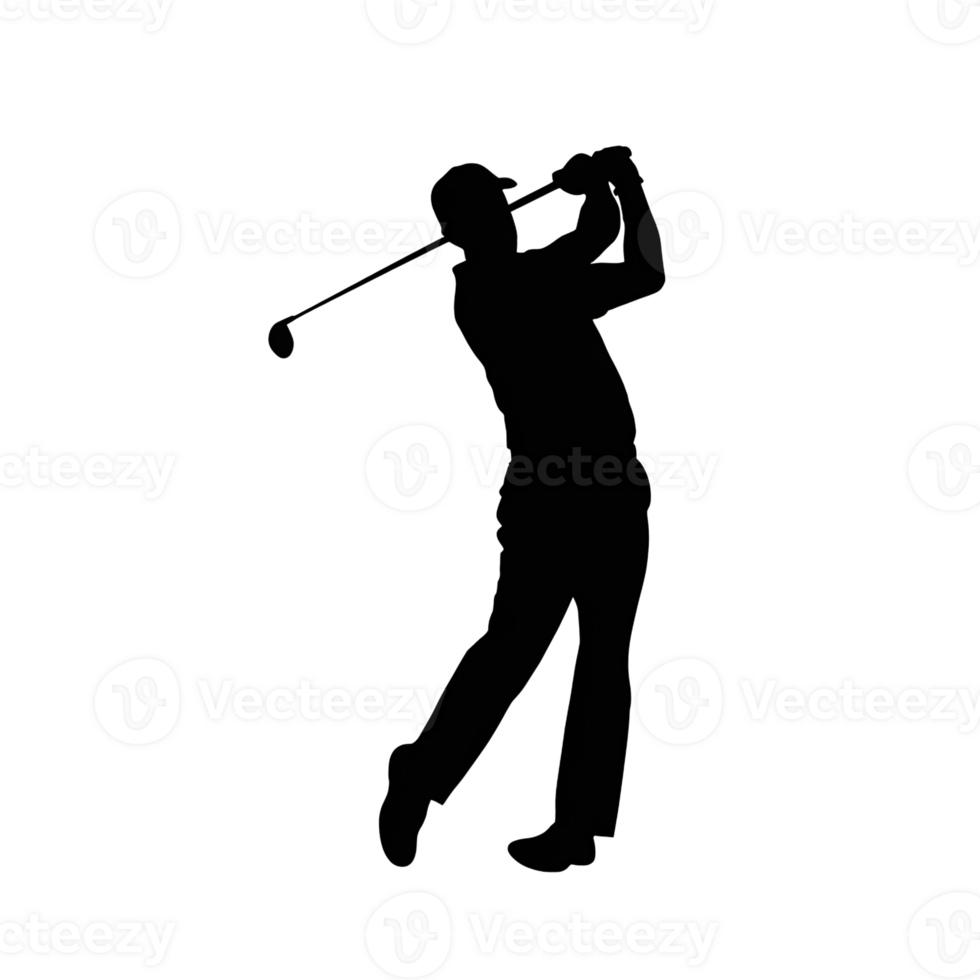 A silhouette of a golfer is captured mid-swing, cutouts png