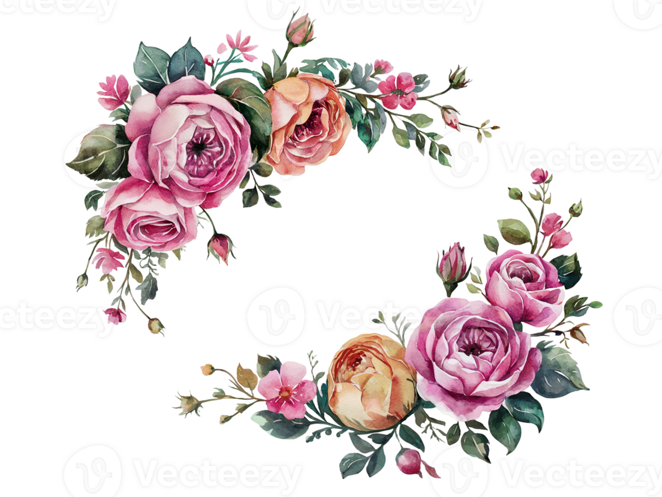 pink and peach roses are arranged in a circular pattern, complemented by green leaves and small blossom cutouts png