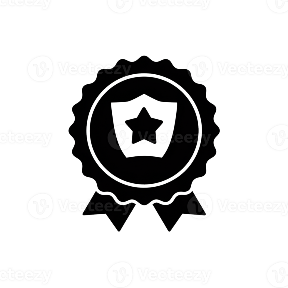 A black medal icon features a star within a shield at its center, surrounded by a scalloped edge and ribbons cutouts png