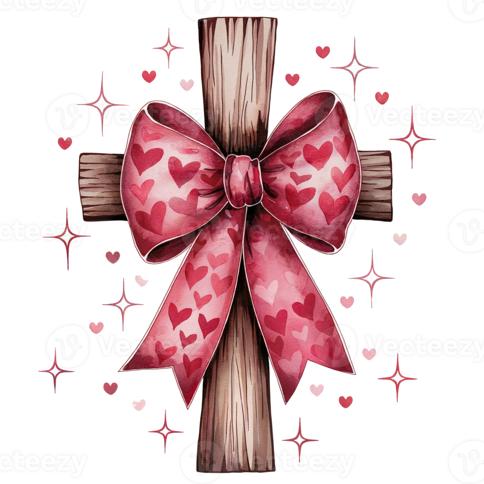 A wooden cross is adorned with a pink bow decorated with heart patterns cutouts png