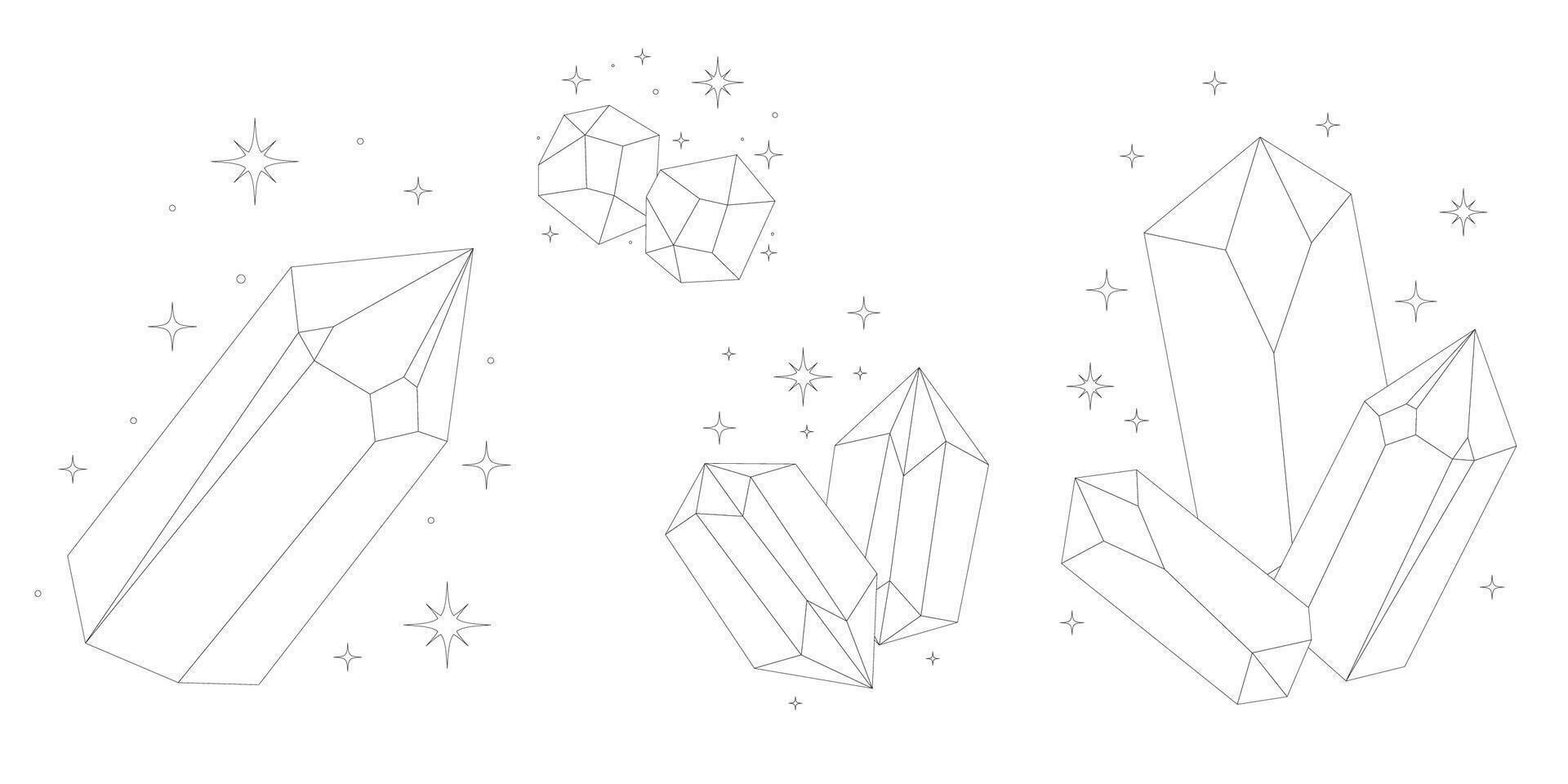 Crystal thin line set. Simple celestial gemstone magical crystal black contour symbol. Witchy. vector