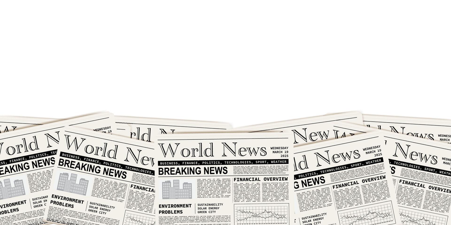 Pile of newspapers on white background. Stack of newspapers. Paper waste. Newspaper header footer vector