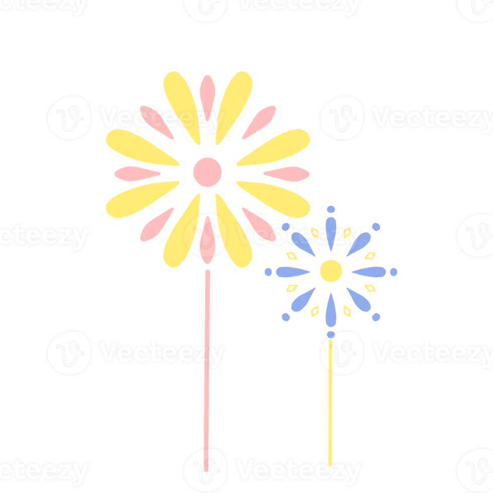 Two fireworks with yellow and pink petals on a transparent background png