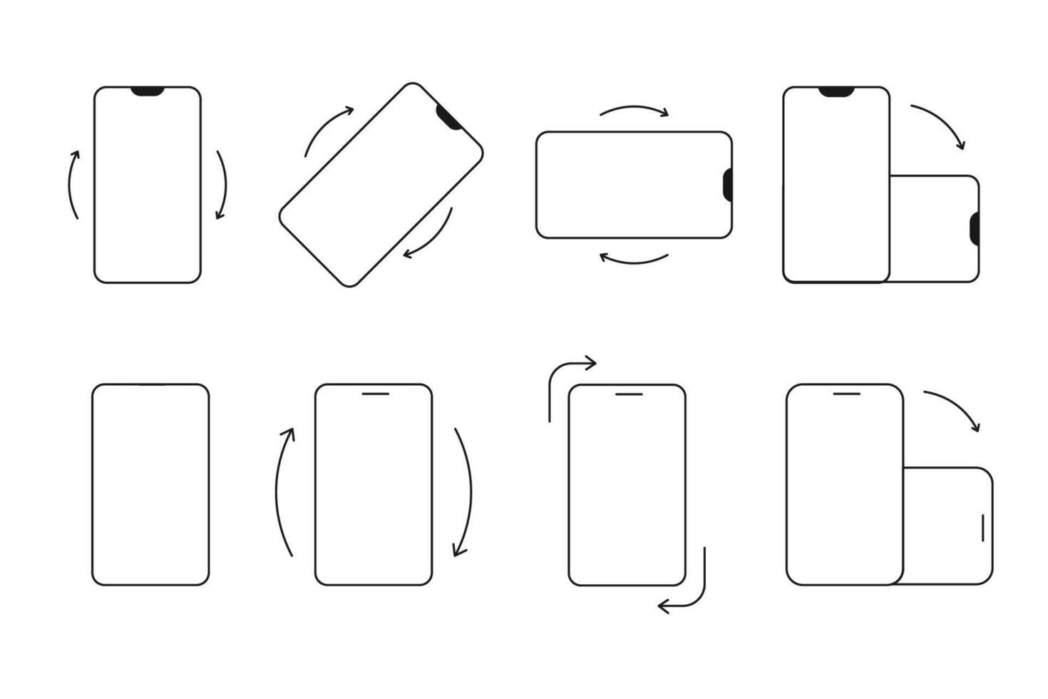 Rotate Mobile Phone icon, rotation symbol with arrows set. Turn device, screen. Ui button, web or app. Vertical or horisontal, phone screen vector