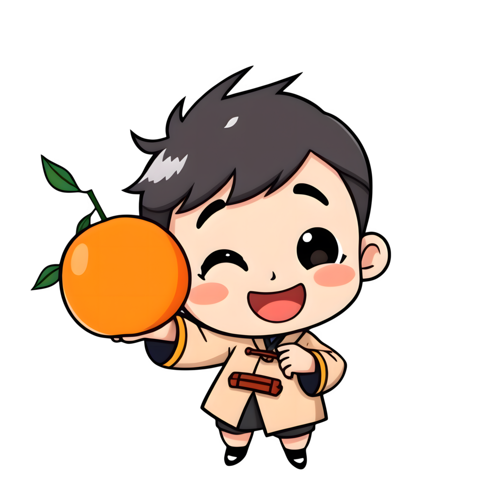 Cartoon Chinese Boy Holding A Mandarin Orange png