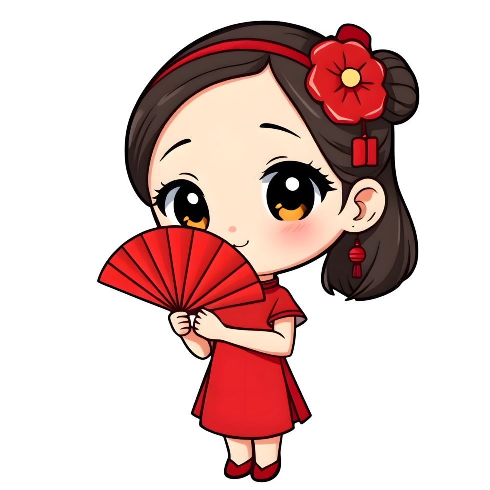 Cartoon Chinese Girl Holding A Red Paper Fan png