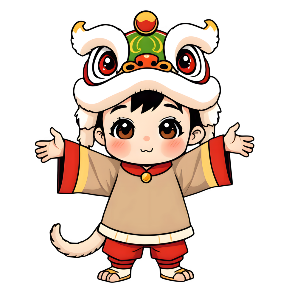 Cartoon Boy Wearing A Chinese Lion Dance Head Costume png