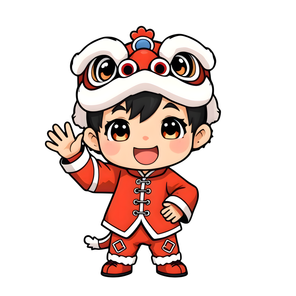 Cartoon Boy In Red Chinese Lion Dance Costume png