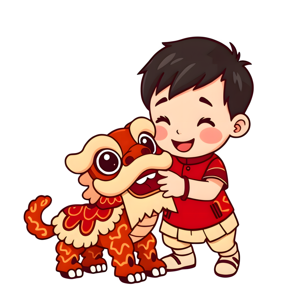 Cartoon Boy With A Chinese Lion Dance Toy png