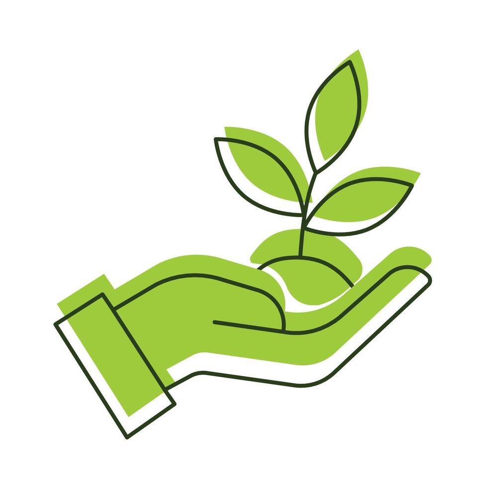 linear illustration of the eco-icon hand with a tree sapling on a white background. vector