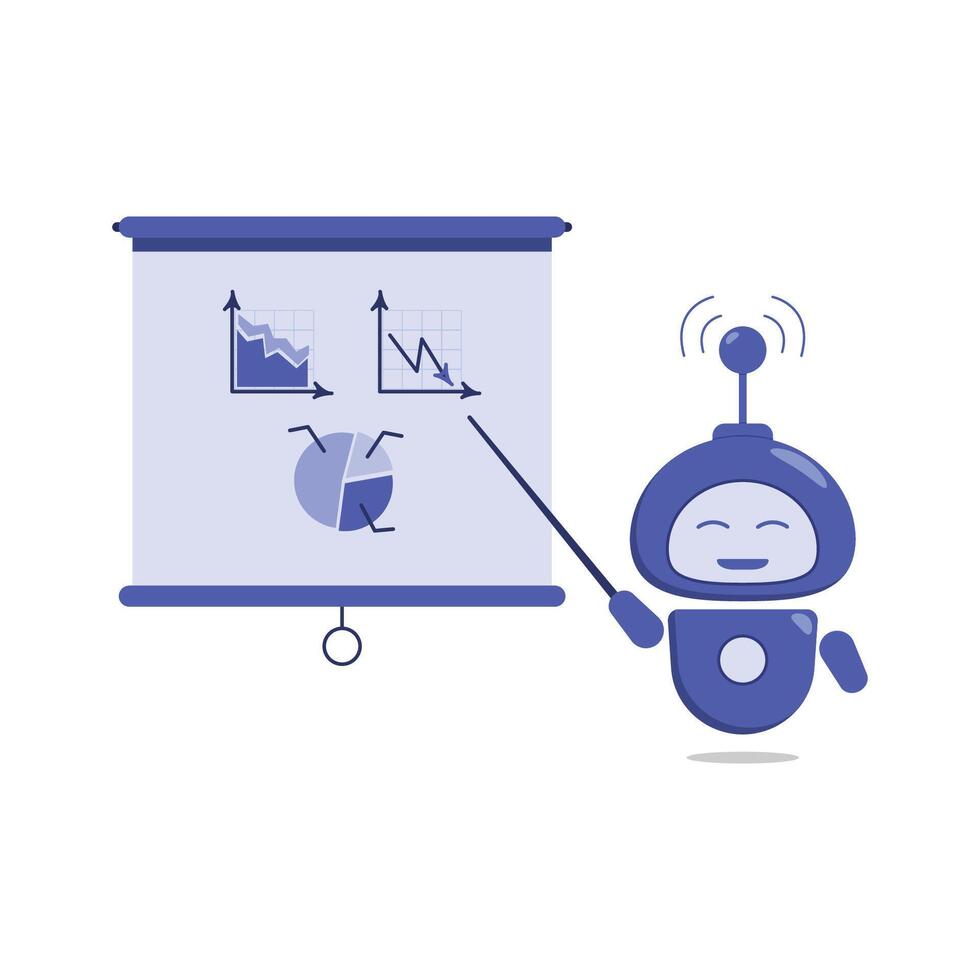 A projection screen, a presentation board with diagrams and graphs, and a presentation robot. A horizontal banner on a roll. An empty conference board. illustration. vector