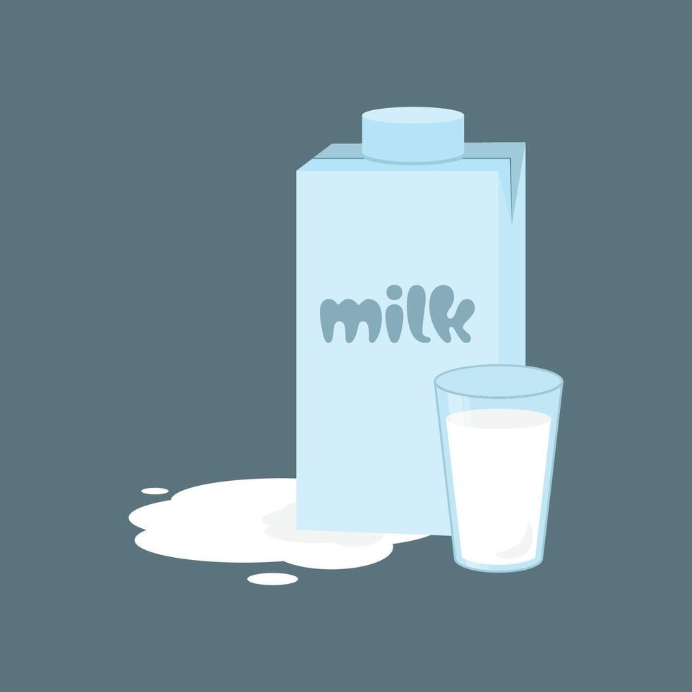 illustration of a glass and a box of milk and spilled milk on a gray background. vector