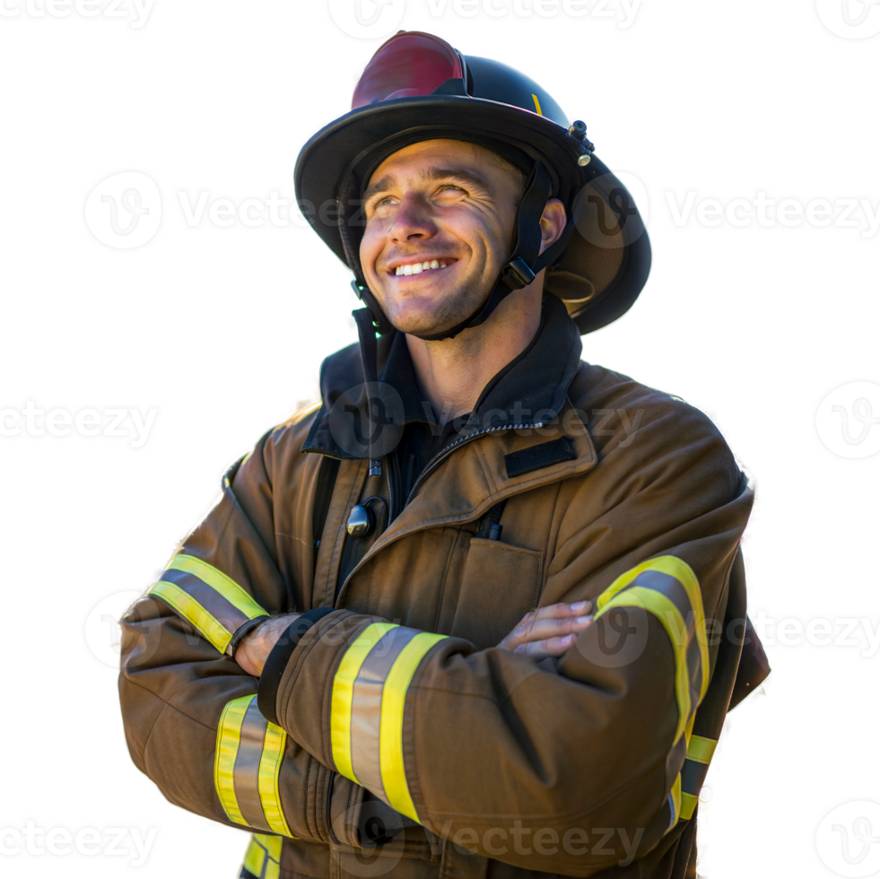 Portrait of handsome fire fighter in uniform smiling, isolated on transparent background, people at work, professional png