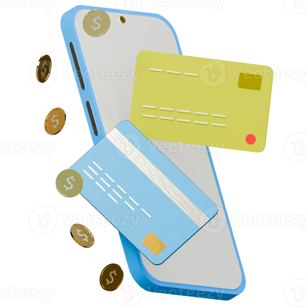 Smartphone with debit car andi dollar coins 3d icon render illustration png