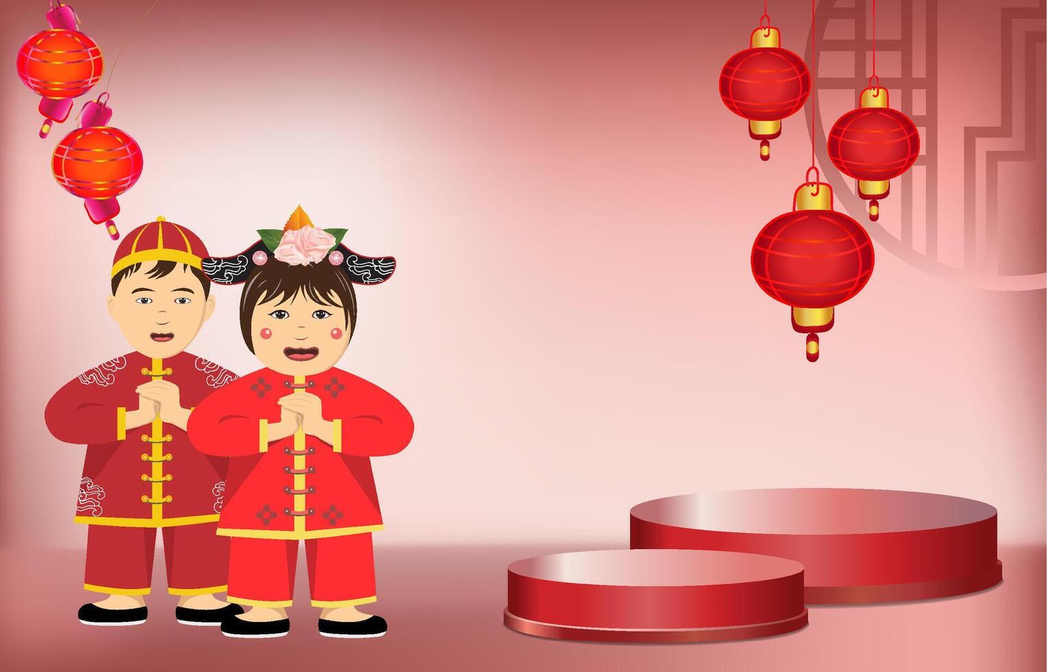 Happy Chinese new year banner with cute boy and girl vector