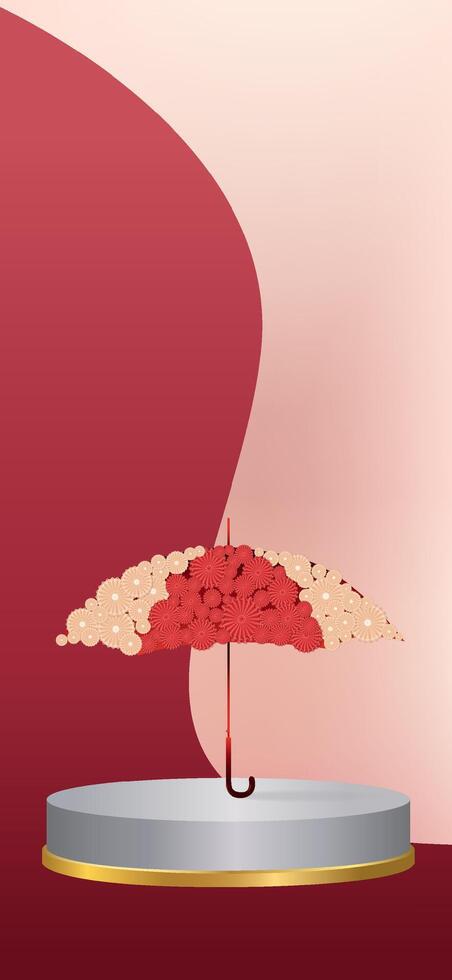 Chinese New Year template poster background with 3D umbrella and podium decoration vector