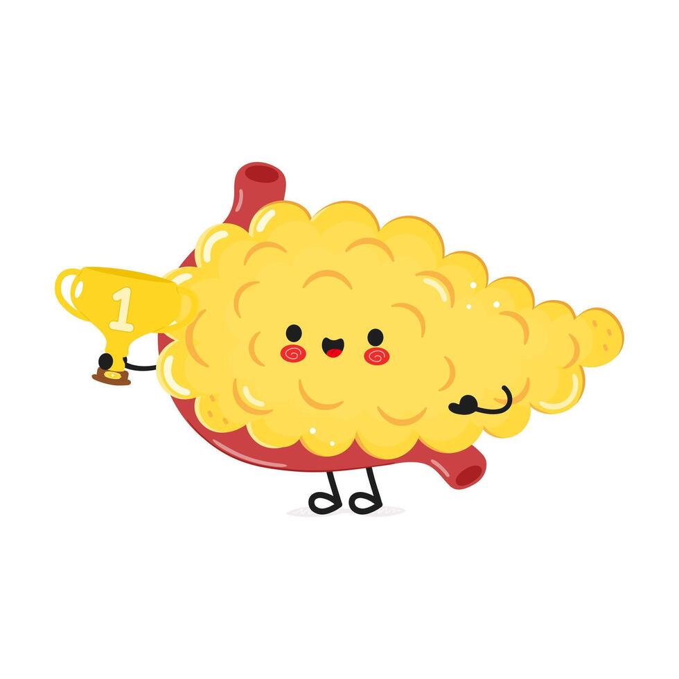Cute funny Pancreas hold gold trophy cup. hand drawn cartoon kawaii character illustration icon. Isolated on white background. Pancreas with winner trophy cup vector
