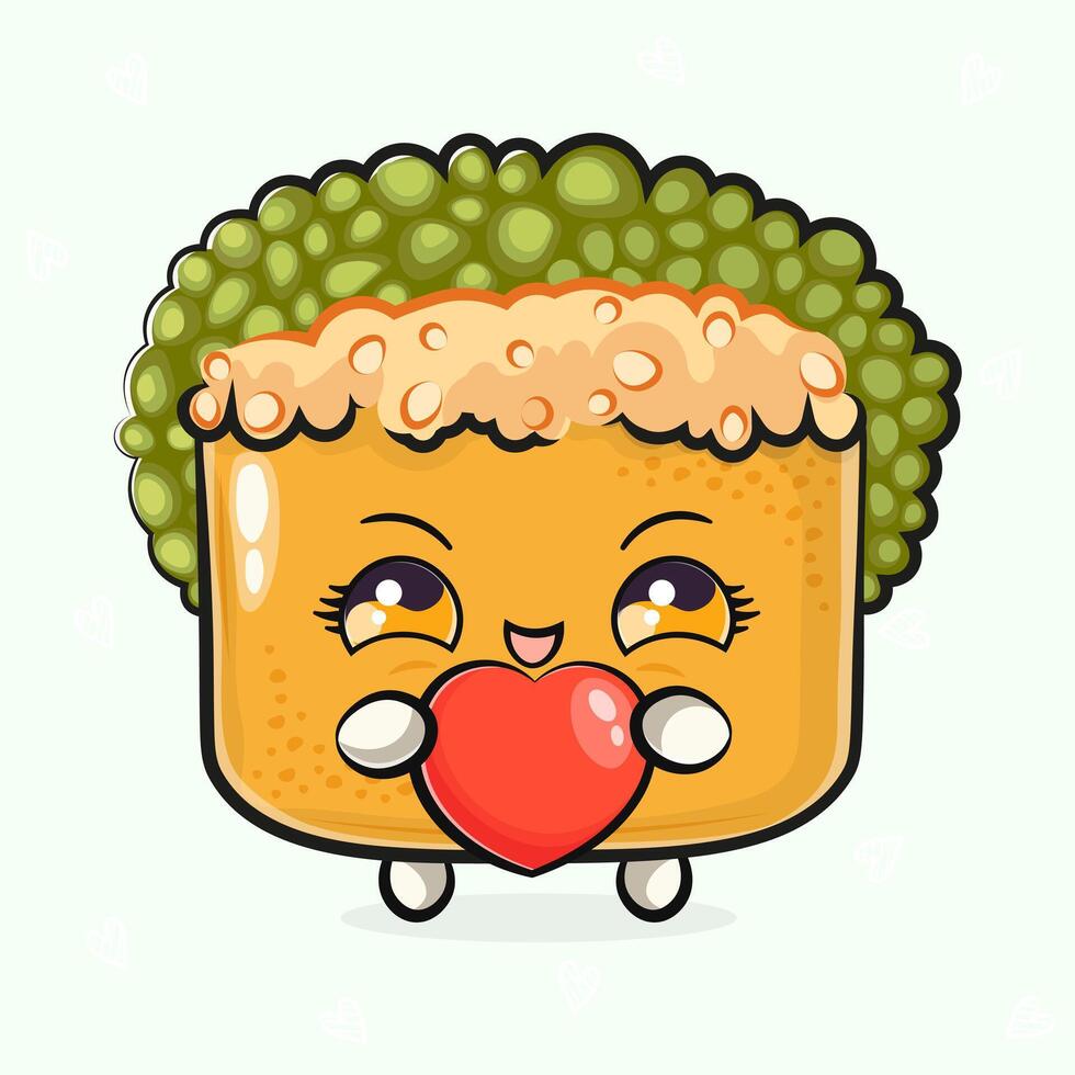 Cute funny Sushi with heart in hand. hand drawn cartoon kawaii character illustration icon. Isolated on light green background. Sushi character concept vector