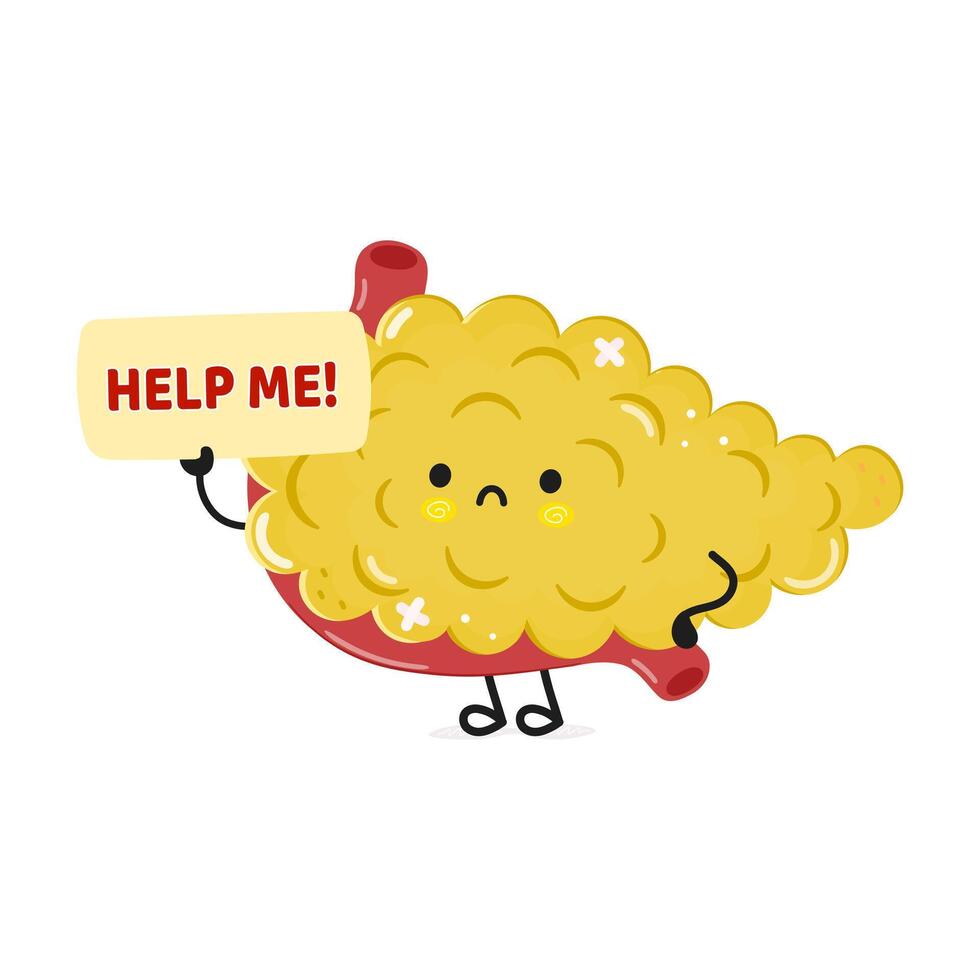 Cute sad sick Pancreas asks for help character. hand drawn cartoon kawaii character illustration icon. Isolated white background. Suffering unhealthy Pancreas concept vector
