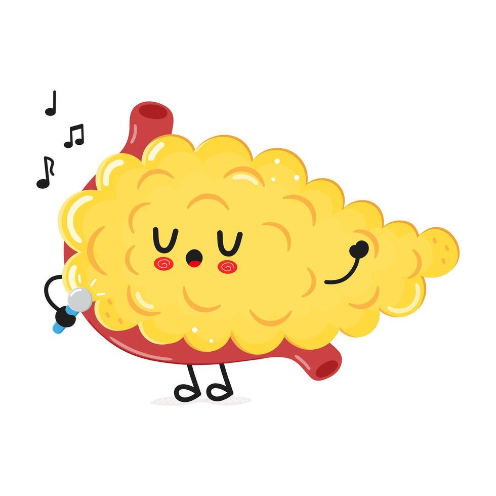 Pancreas sings into a microphone character. hand drawn cartoon kawaii character illustration icon. Isolated on white background. Pancreas character concept vector