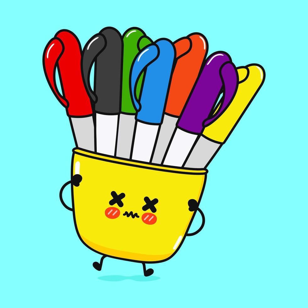 Angry Multi-colored pens character. hand drawn cartoon kawaii character illustration icon. Isolated on blue background. Sad Multi-colored pens character concept vector