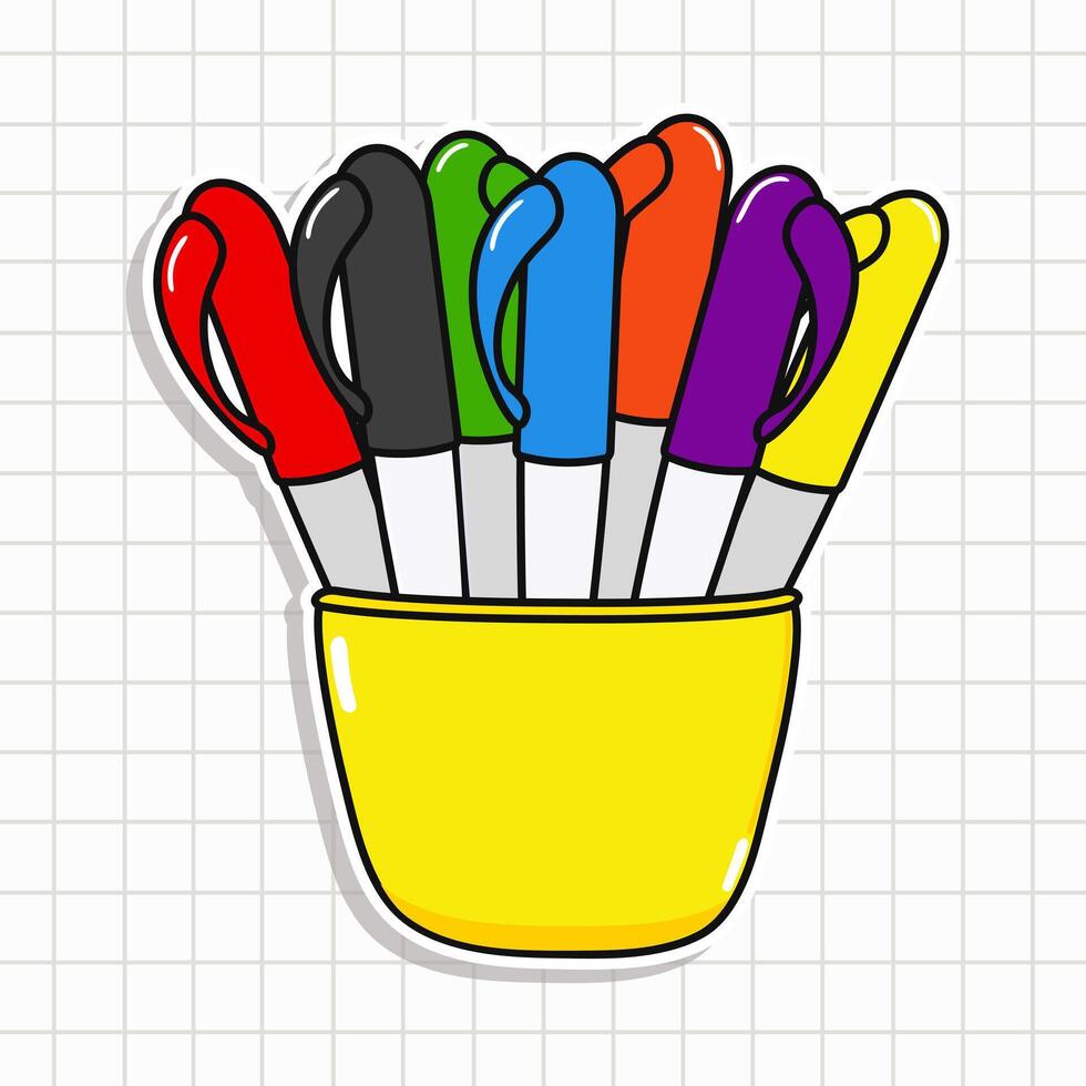 Cute funny Multi-colored pens sticker. hand drawn cartoon kawaii character illustration icon. Isolated on background. Multi-colored pens card character concept vector