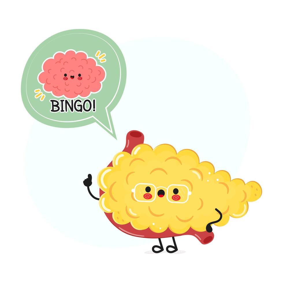 Pancreas with speech bubble and brain character. hand drawn cartoon kawaii character illustration. Isolated white background. Pancreas poster and brain vector