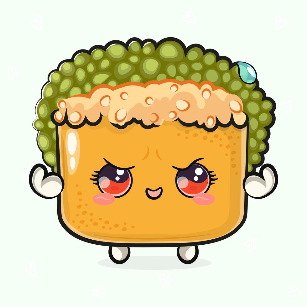 Cute funny Sushi strong. hand drawn cartoon kawaii character illustration icon. Isolated on light green background. Sushi shows muscles character concept vector
