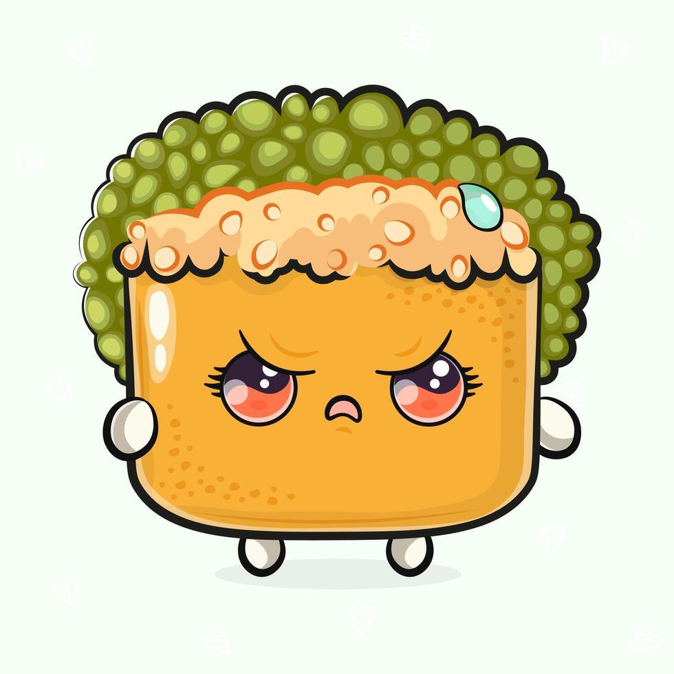 Cute angry Sushi character. hand drawn cartoon kawaii character illustration icon. Isolated on light green background. Sad Sushi character concept vector