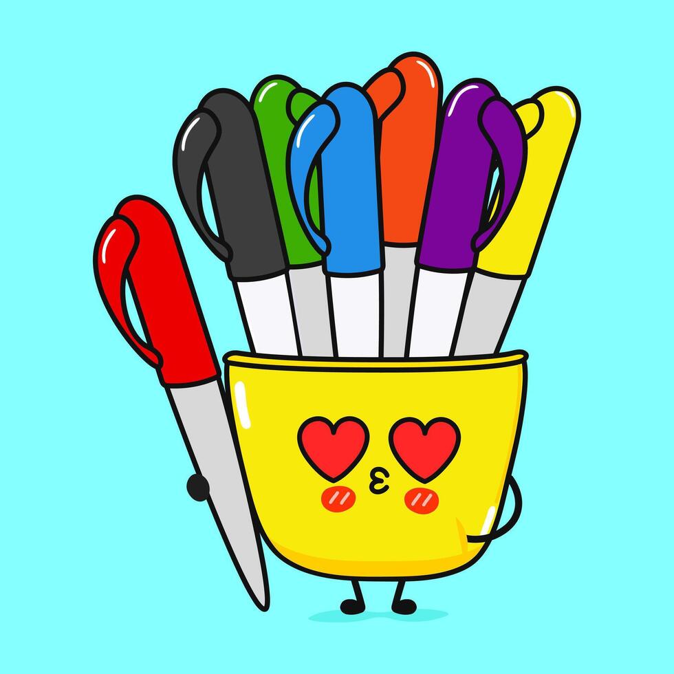 Multi-colored pens in love character. hand drawn cartoon kawaii character illustration icon. Isolated on blue background. Multi-colored pens character concept vector