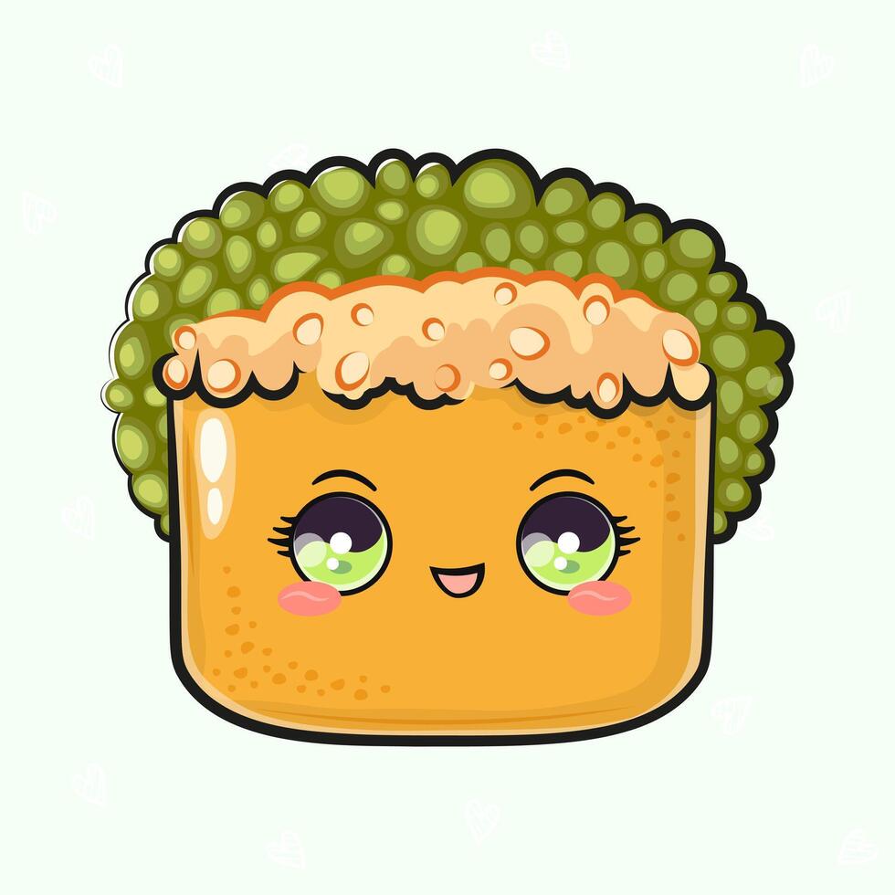 Cute funny Sushi. hand drawn cartoon kawaii character illustration icon. Isolated on green background. Sushi character concept vector