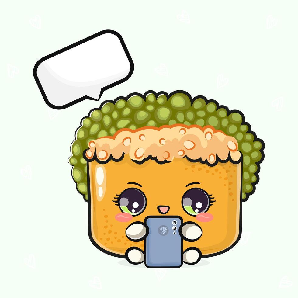Sushi with a smartphone in hand. hand drawn cartoon kawaii character illustration icon. Isolated on light green background. Sushi character concept vector