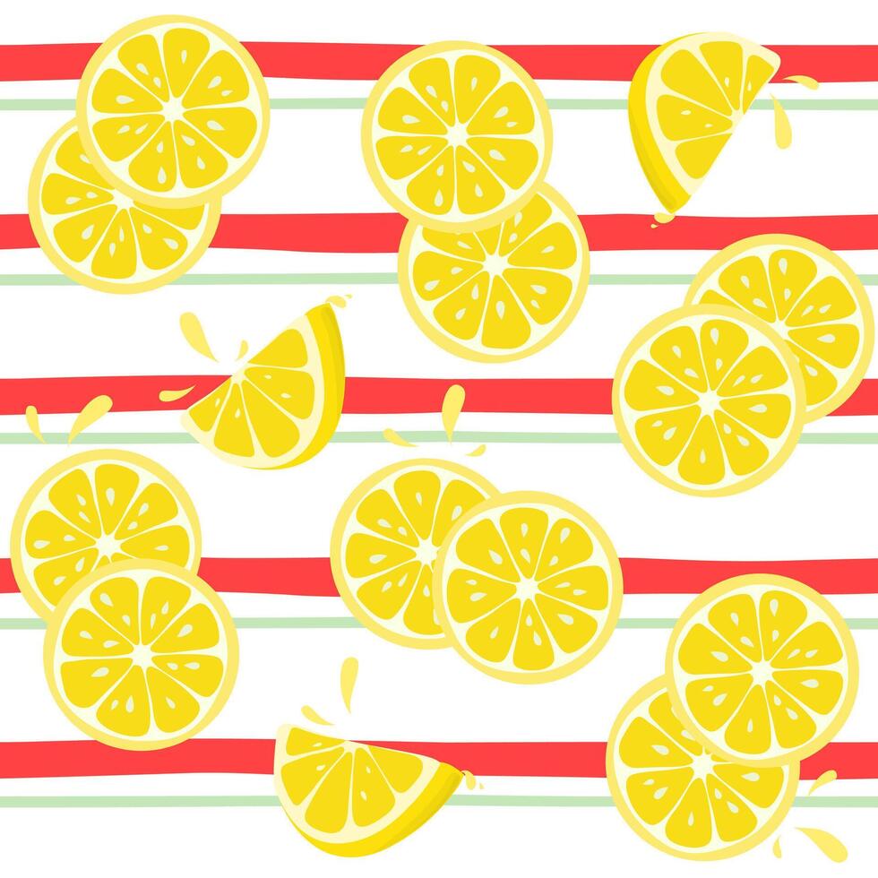 Fresh tropical fruits, lemon. Seamless fruit background for fabric and printing. Children's drawing, cartoon style on a striped background vector