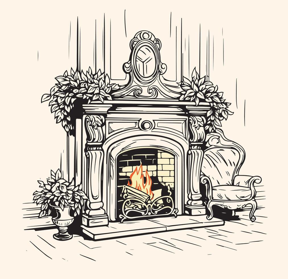 Fire in the fireplace line art color sketch engraving illustration. T-shirt apparel print design. Scratch board imitation. Black and white hand drawn image. vector
