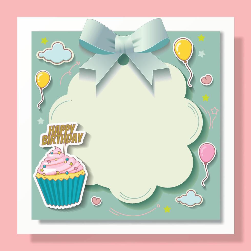 Birthday card with cupcake, balloons and bow vector